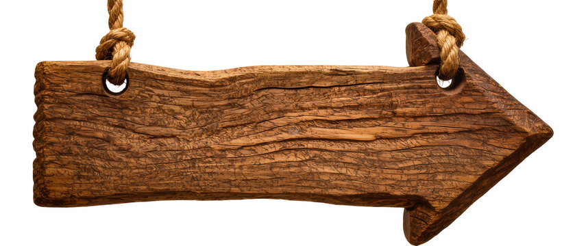 Rustic wooden arrow sign with rough texture hanging by rope, isolated on transparent background