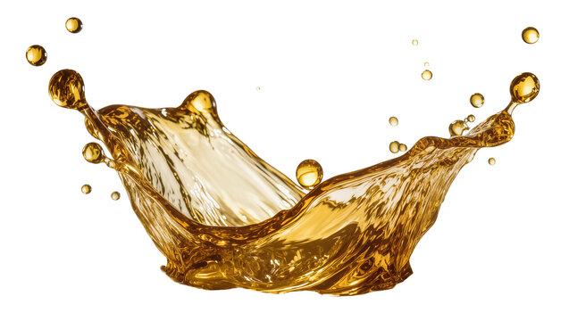 Golden amber liquid splash with droplets, isolated on transparent background