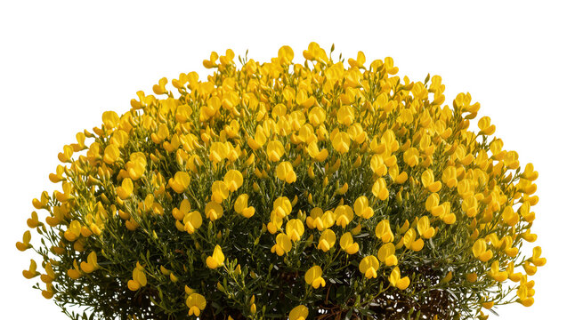 Dense yellow broom bush with small pea-shaped flowers, isolated on transparent background