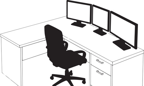 Line art vector illustration of an L shaped corporate office desk setup with three computer monitors and a black chair
