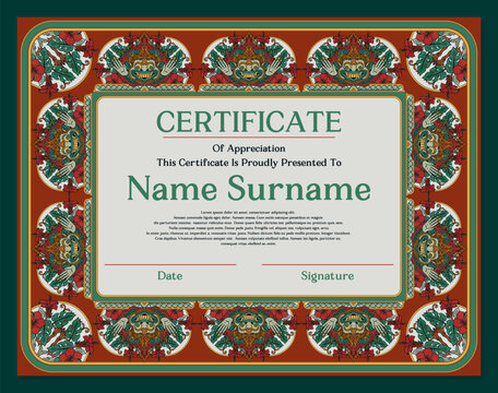Vintage Certificate Template with Balinese Barong Mask, Javanese Ornamental Border, Tropical Floral