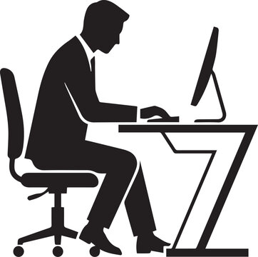 Silhouette of a professional businessman sitting at a modern desk working on a desktop computer isolated on white background