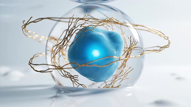 Radiant blue organic core protected in clear sphere by golden filaments, representing scientific innovation, future biological technology