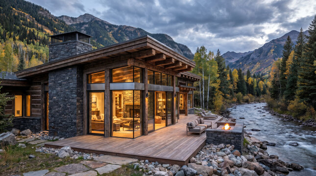 Ultra luxury modern log and stone cabin, high-end architectural design, floor-to-ceiling glass walls, premium wood and stone materials, located 50 feet from a mountain river