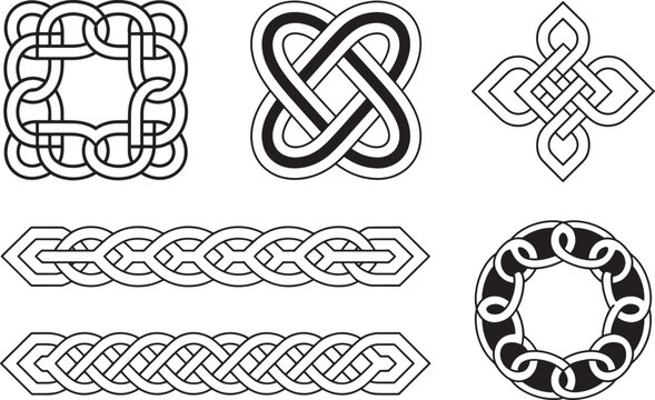 Set of celtic knot patterns and borders in various shapes, traditional ornament.