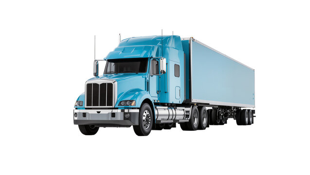 Blue semi-trailer truck with large cargo trailer, isolated on transparent background