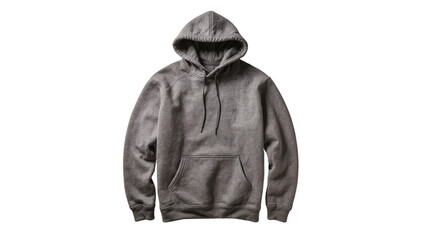 Gray hooded sweatshirt with front pocket and drawstring, isolated on transparent background © AnaMaria