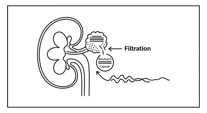 Kidney filtration diagram: Bowman's capsule and glomerulus, medical illustration
