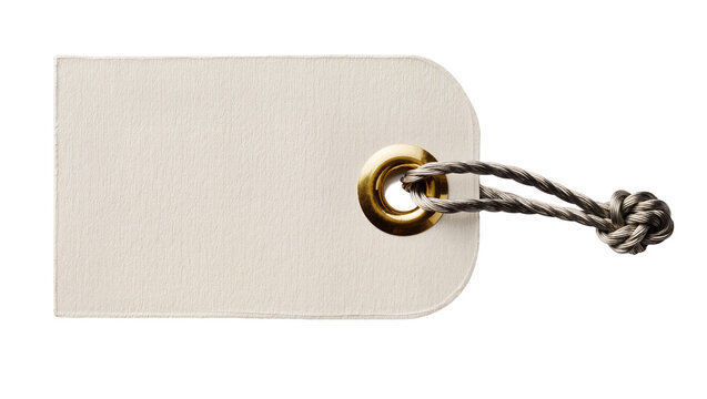 Blank beige paper tag with brass grommet and grey string knot, isolated on transparent background