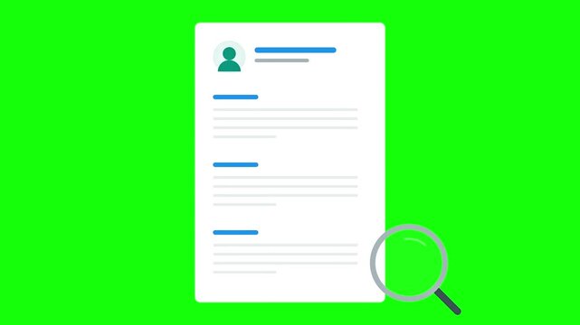 Resume search animation, professional CV review with magnifying glass on green screen background
