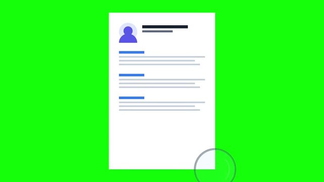 Resume search animation on green screen, a magnifying glass scans a CV document, perfect for job app