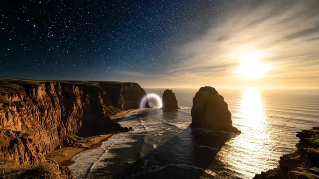 Ocean waves hitting sandy beach, tall rocky cliffs rising above deep blue water, bright sun shining over vast horizon, glowing ring shape floating near jagged stone formations rocks stars sky.