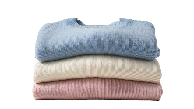 Stack of three folded sweaters in blue cream and pink, isolated on transparent background