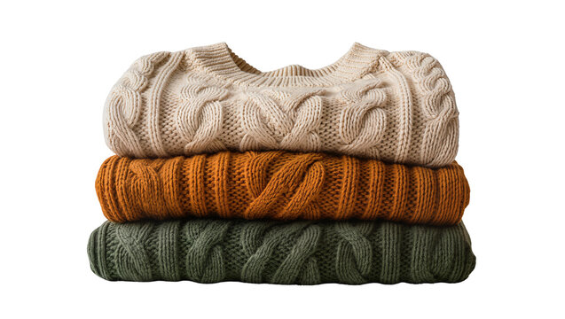 Stack of three cable knit sweaters in cream rust and green, isolated on transparent background