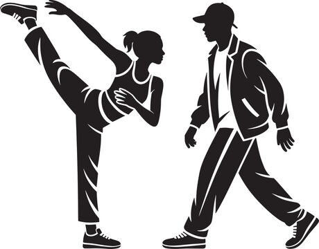 Silhouette man and woman street dance style isolated on transparent background. modern hip hop dancers.