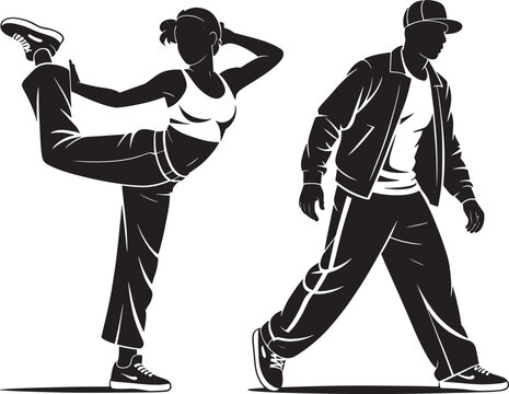 Silhouette man and woman street dance style isolated on transparent background. modern hip hop dancers.