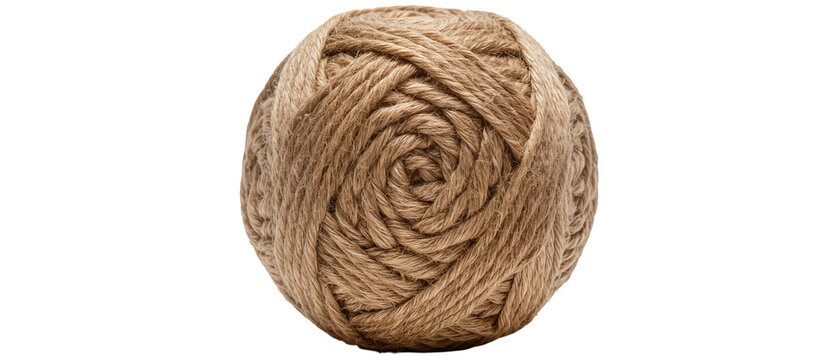Tightly wound ball of coarse brown jute twine, isolated on transparent background