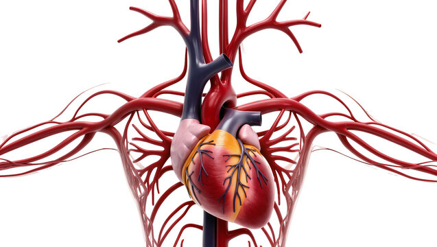 Detailed human circulatory system with heart and arteries, isolated on transparent background