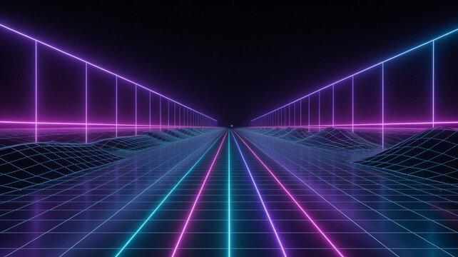 Retro 80s synthwave landscape with glowing neon grid and mountains