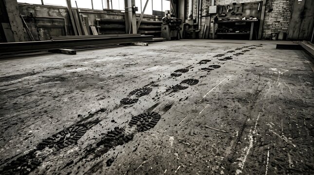 Footprints in the dust on a concrete floor inside a dark industrial warehouse or factory setting