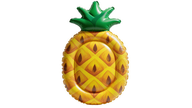 Inflatable yellow pineapple pool float with green leaves, isolated on transparent background