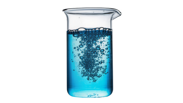 Glass beaker filled with bubbling blue liquid, isolated on transparent background