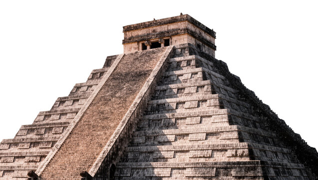 Ancient stone Mayan pyramid with steep stairs, isolated on transparent background