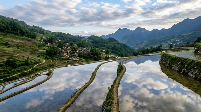 Rice terraces reflecting sky and clouds in rural mountain landscape