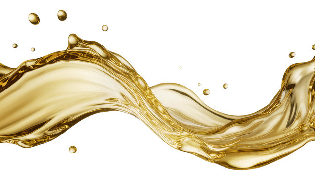 Golden liquid splash with droplets, isolated on transparent background