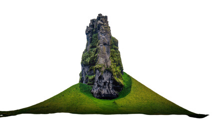 Jagged mossy rock formation on green grassy hill, isolated on transparent background © AnaMaria