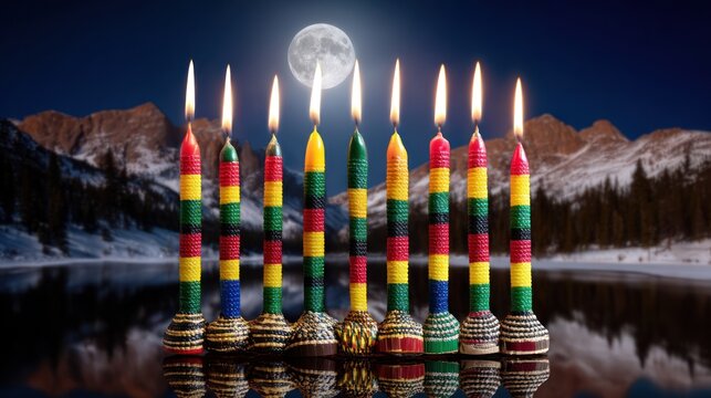 Lit ceremonial candles with colorful bands stand before a vast nocturnal mountain landscape under a full moon