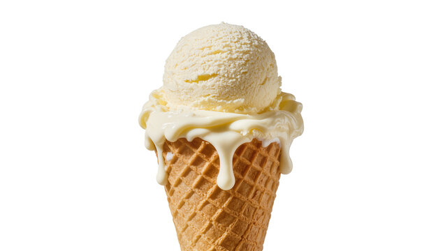 Creamy vanilla ice cream scoop melting over a crisp waffle cone, isolated on transparent background