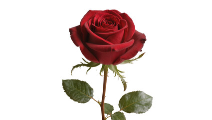 Fototapeta premium Deep red rose with green leaves, isolated on transparent background