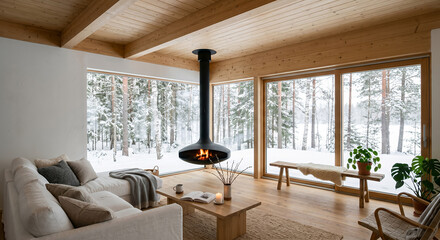 Fototapeta premium A cozy living room with a fireplace and large windows overlooking a snowy forest. The warm interior contrasts with the cold winter landscape outside.
