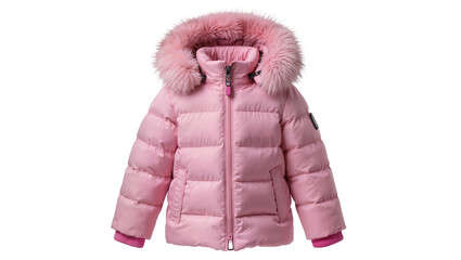 Pink puffer jacket with fur hood and zipper, isolated on transparent background © AnaMaria