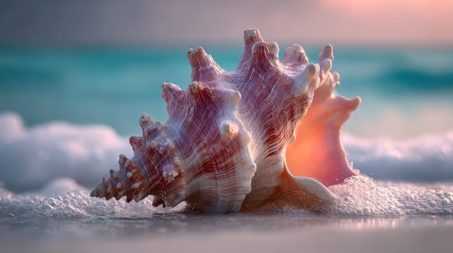 Large marine gastropod shell rests on wet sand as ocean waves wash ashore during soft twilight