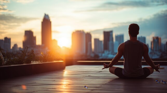 Urban Serenity: A man in silhouette meditates in a yoga pose on a rooftop overlooking a city skyline at sunset, finding peace amidst the urban sprawl.