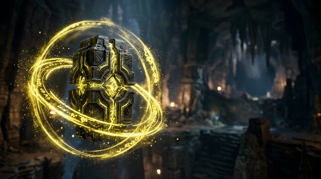 Ancient alien relic floating with golden glowing magic rings in a dark cave
