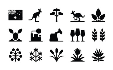 Obraz premium Australian wildlife and plants icons in flat design style with wine glasses