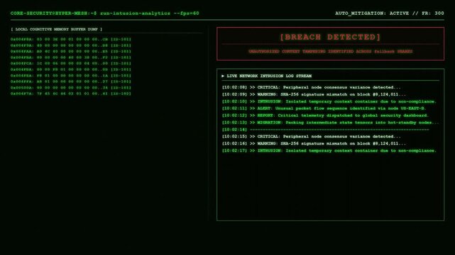 Core Security Hyper Mesh Terminal Displaying Live Network Intrusion Log Stream and Unauthorized Context Tampering Breach Detected Warning Banner.