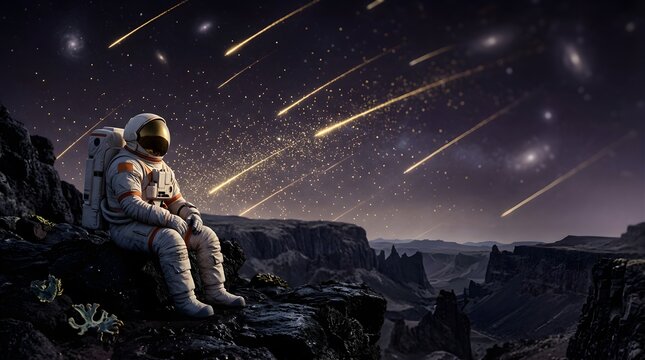 Astronaut sitting on a rocky alien planet looking at a meteor shower