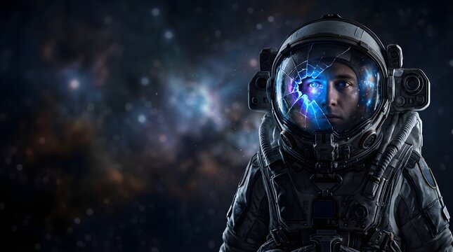 Astronaut with broken visor looking into deep space galaxy background