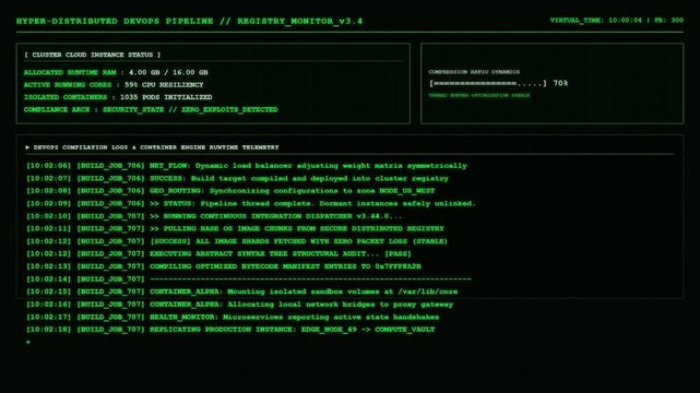 Hyper Distributed DevOps Pipeline Registry Monitor Displaying Cluster Cloud Instance Status And DevOps Compilation Logs Metric Terminal.