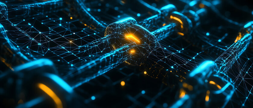 cyber security theme block chain in futuristic data matrix inside, glowing in gold and cyan coloras, dark black background, ultra clean details, close micro shot, micro stock photography style, 