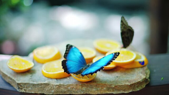 Beautiful blue morpho butterflies feeding on fresh orange slices on stone platform in tropical garden setting.