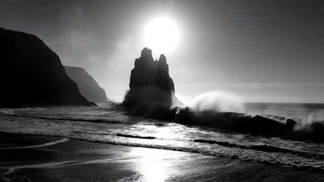 Dramatic Black and White Ocean Wave Crashing Against a Mysterious Coastal Sea Stack with Sun Shining