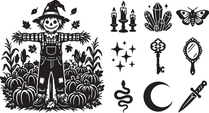 Whimsical Scarecrow and Magical Symbols Illustration Art