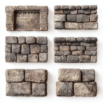 Stone Wall Sections: A collection of six distinct stone wall sections, showcasing various textures, patterns, and construction styles, from rough-hewn blocks to intricately carved facades.