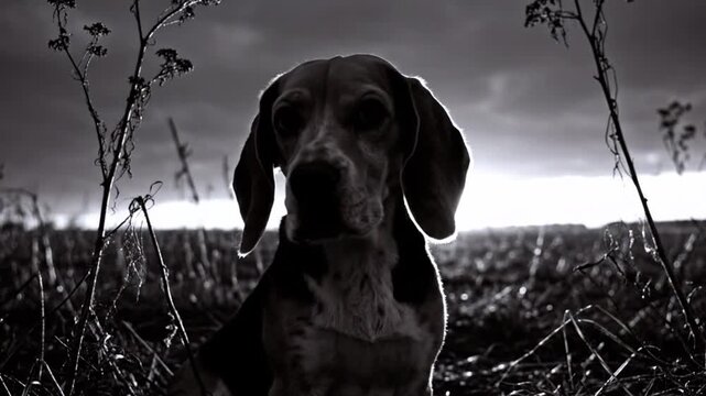 Black and white portrait of a beagle dog with bright sky background and dried plants in the foreground.