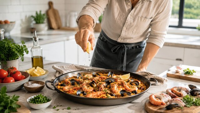 Lifestyle Cooking Scene of Cook Squeezing Lemon Over Fresh Paella